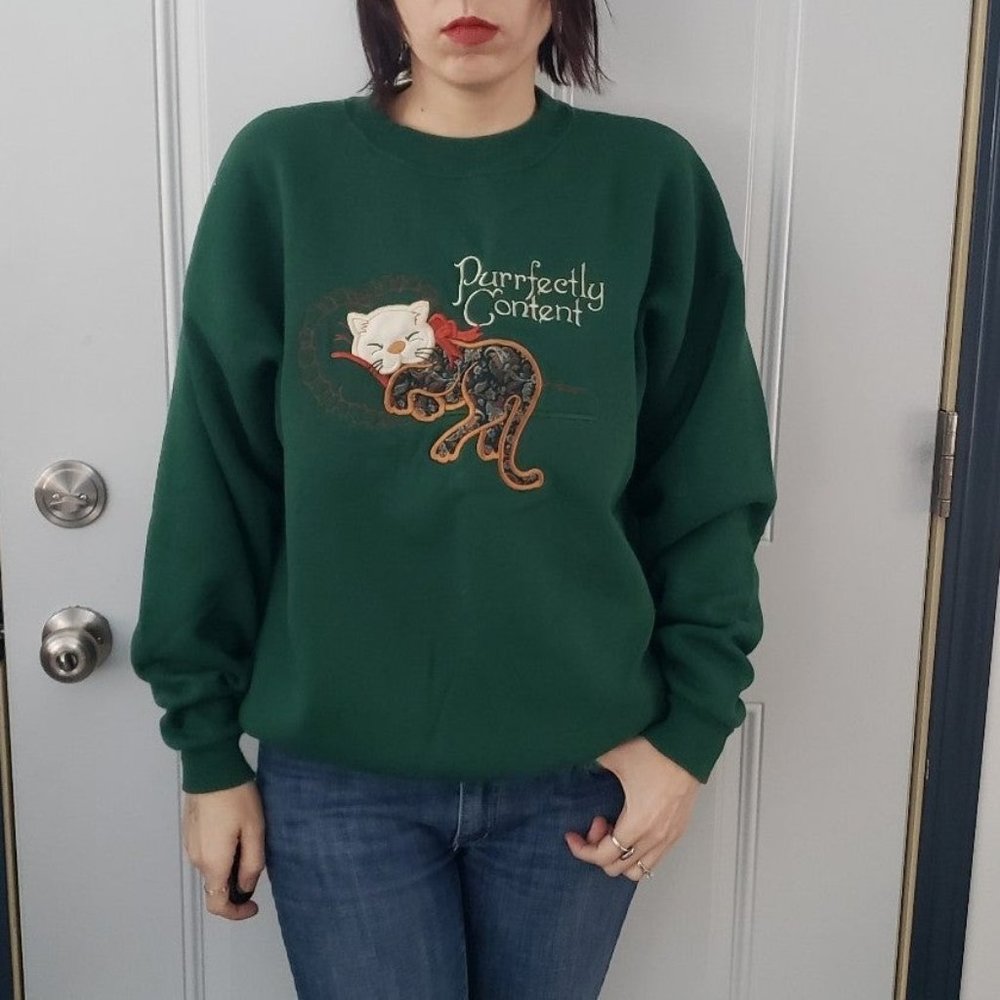 90s Green Cozy Kitty Crew Neck Sweatshirt